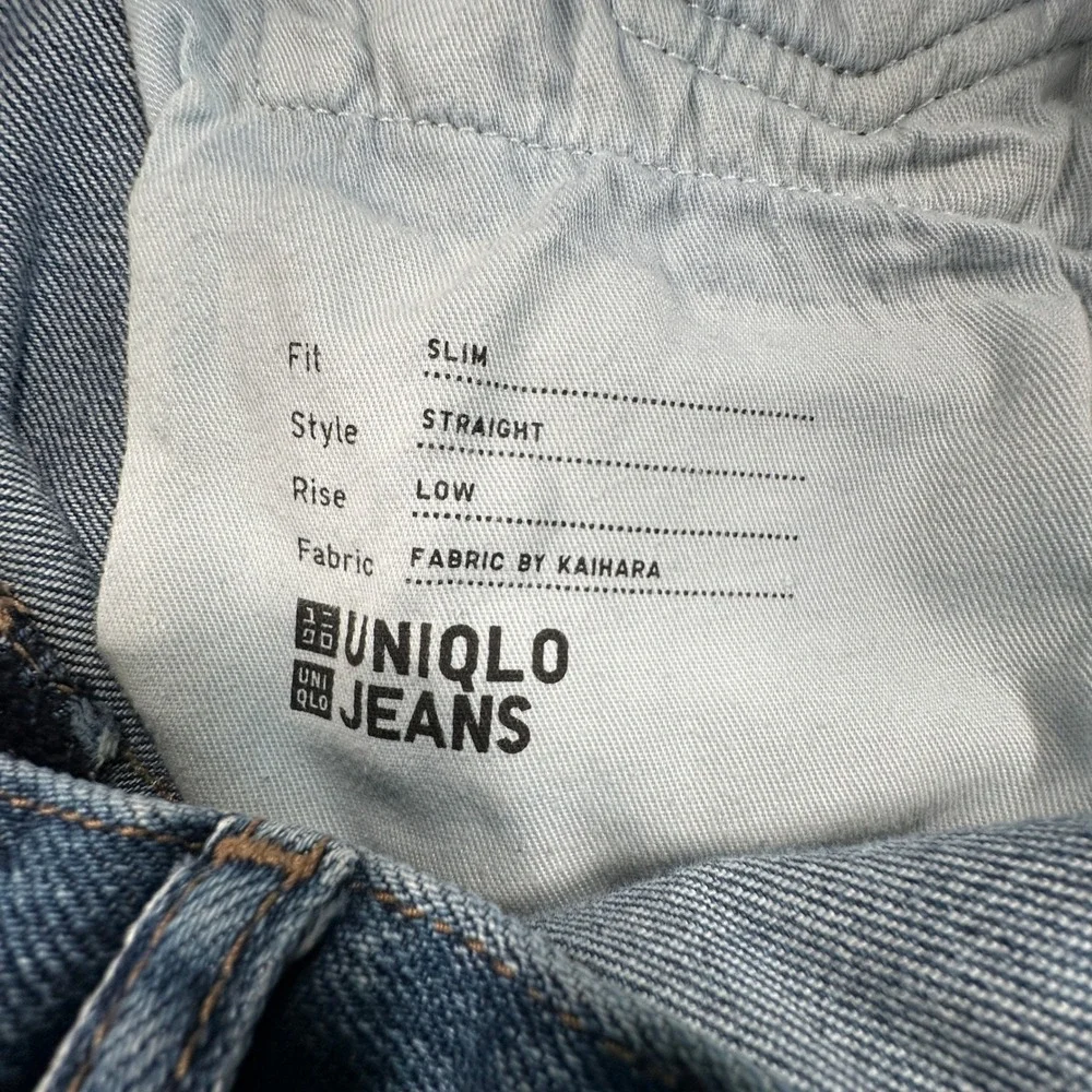 Uniqlo Slim Straight Low Jeans Mens 32x31 Blue Distressed Kaihara Fabric Denim